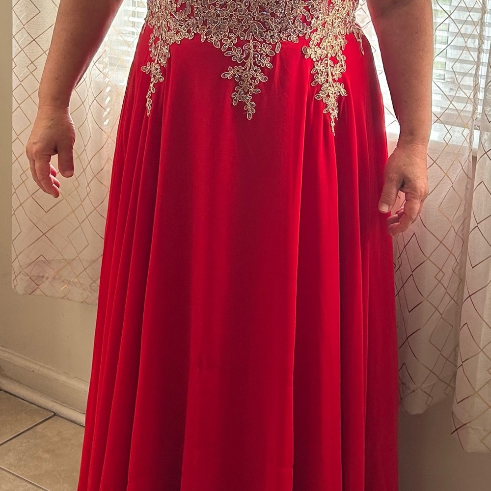 Elegant Red Gown with Gold Embroidery